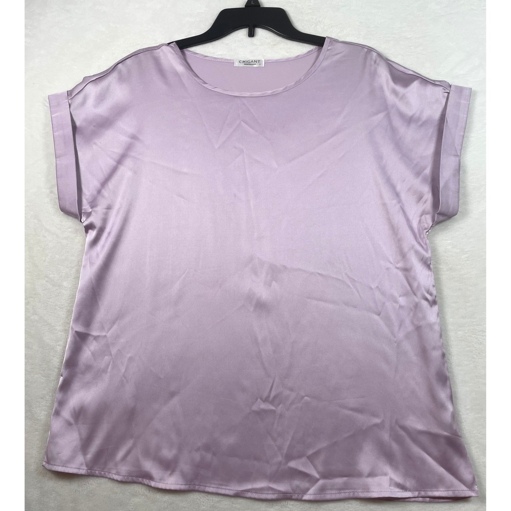 Chigant Women Lavender Purple Satin Short Sleeve Blouse Top Size L Cuffed
